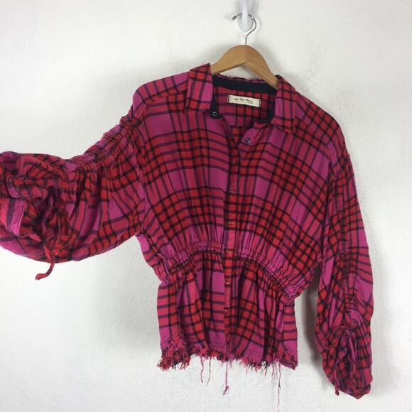 Free People Pacific Dawn Red Pink Drawstring Plaid Shirt Medium - Picture 10 of 14